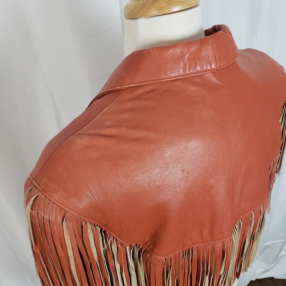 Vintage Pioneer Wear Retro Orange Leather Fringe Western Jacket - Picture 7 of 8